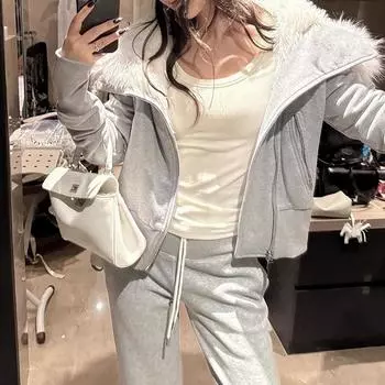 2024 зимняя куртка с капюшоном, большим меховым воротником, косой молнией, утолщенной плюшевой подкладкой, короткая женская осенне-зимняя одежда из хлопка, выглядит тонкой снаружи S