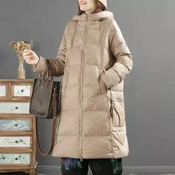 2024 зимняя куртка средней и длинной длины на белом утином пуху, теплая зимняя куртка на молнии с капюшоном в клетку с тиснением, однотонная куртка M темно-коричневого