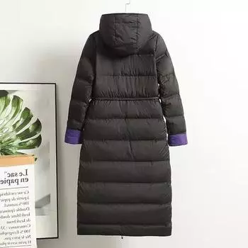 2024 зимняя легкая куртка-пуховик с поясом, модная женская куртка большого размера средней и длинной талии выше колена с капюшоном, теплая куртка M фиолетовый