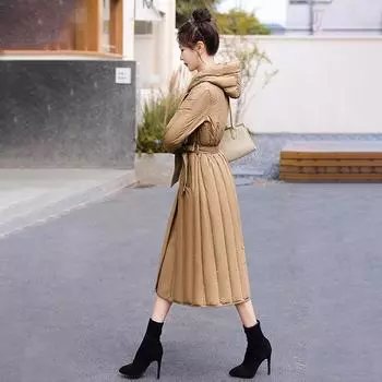 2024 зимняя мода легкий роскошный двухсторонний шерстяной пуховик сращивания женский длинный темпераментный с капюшоном тонкий пояс пальто M хаки