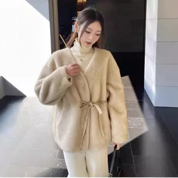 2024 зимняя норковая шуба со шнуровкой на талии из меха, интегрированная меховая куртка с V-образным вырезом, темпераментная золотая норковая шуба для женщин one size fits all абрикосовый