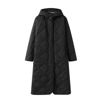 2024 зимняя новая европейская и американская женская одежда длинная стеганая нить с капюшоном хлопковая одежда пальто ромбовидная хлопковая одежда XS чёрный