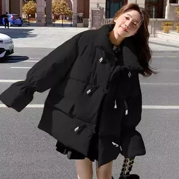 2024 Зимняя новая куртка с пуговицами на красном пуху с хлопковой подкладкой, женская мода, свободное утолщенное однотонное хлопковое пальто M чёрный