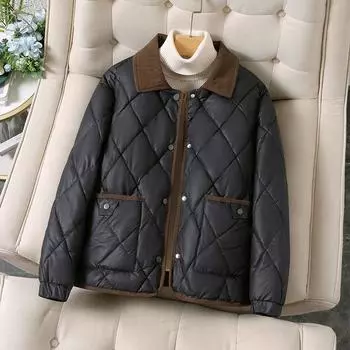 2024 Зимняя новая куртка Xiaoxiangfeng Down Padded Jacket Lapel Женская куртка с ромбом Padded Jacket Короткая куртка Padded Tide S 90-115 армия зеленый