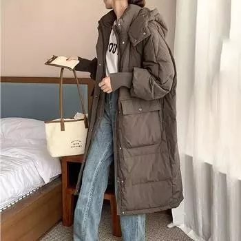 2024 Зимняя новая модная куртка Tren Down Cotton Jacket Женская корейская длинная куртка с капюшоном Parker Overcoat Женская свободная толстая теплая стеганая куртка S чёрный