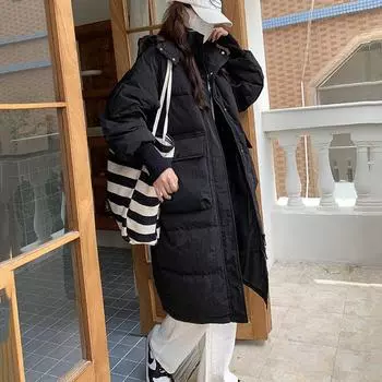 2024 Зимняя новая модная куртка Tren Down Cotton Jacket Женская корейская длинная куртка с капюшоном Parker Overcoat Женская свободная толстая теплая стеганая куртка S