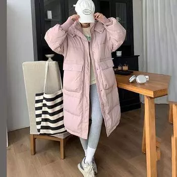 2024 Зимняя новая модная куртка Tren Down Cotton Jacket Женская корейская длинная куртка с капюшоном Parker Overcoat Женская свободная толстая теплая стеганая куртка S розовый
