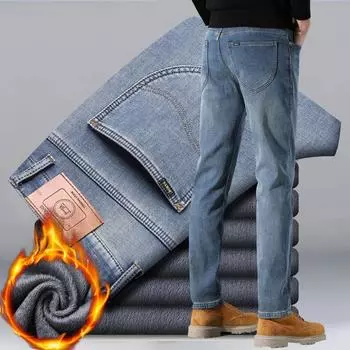 2024 Зимняя новая плюшевая толстая ковбойская эластичная свободная прямая труба повседневная универсальная тонкая мужская одежда 28 синий