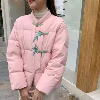 2024 зимняя новая женская одежда новая китайская ретро пряжка короткая с длинными рукавами пуховик куртка One size чёрный