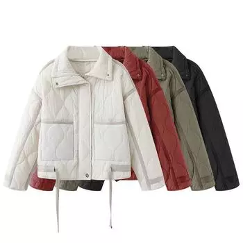 2024 зимняя новая женская одежда уличная мода воротник-стойка стеганое хлопковое пальто контрастного цвета хлопковое пальто XS слоновая кость