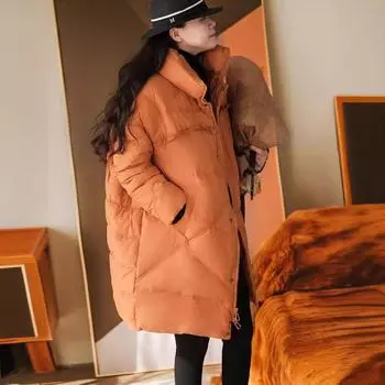 2024 зимняя новинка повседневная литературная свободная белая утиная пуховая куртка с воротником-стойкой средней и длинной длины утолщенная теплая куртка прилив M кофейный
