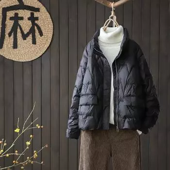 2024 зимняя новинка свободная универсальная куртка-пуховик с воротником-стойкой на молнии женская повседневная модная белая куртка-пуховик на утином пуху S чёрный