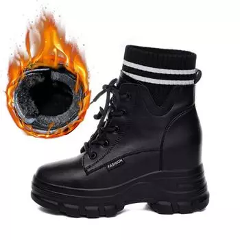 2024 зимняя обувь женские ботильоны из натуральной кожи на высоком каблуке теплые плюшевые женские увеличивающие рост 9 см черные бежевые 34 чёрный