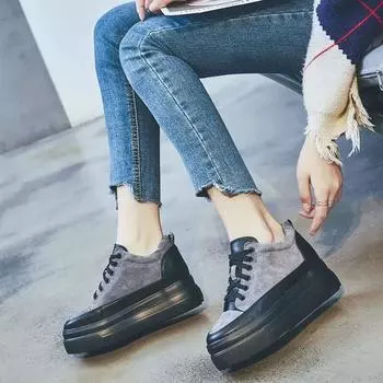 2024 зимняя обувь, женские кроссовки, обувь на плоской платформе, теплая женская повседневная обувь из натуральной кожи, женская обувь, увеличивающая рост на 5 см 34 чёрный