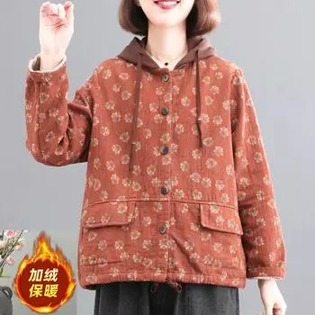 2024 зимняя одежда новая корейская версия свободная большого размера с принтом мяса флисовая утолщенная с капюшоном ретро женская повседневная куртка L темно-коричневого