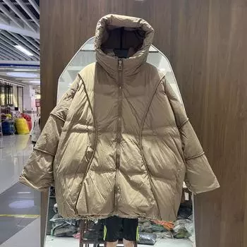 2024 зимняя одежда новая свободная большого размера утолщенная однотонная белая куртка-пуховик с капюшоном женская одежда средней и длинной длины One size хаки