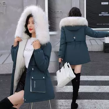 2024 зимняя одежда новая утолщенная большого размера пуховая хлопковая подкладка женская средняя и длинная модная большая меховая воротниковая теплая хлопковая подкладка M [Recommended 85-52.5kg]