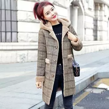 2024 зимняя одежда новое женское клетчатое шерстяное меховое интегрированное флисовое утолщенное теплое шерстяное пальто средней и длинной длины с капюшоном s(80-100)