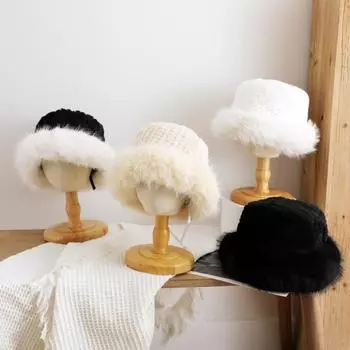 2024 зимняя плюшевая широкополая шляпа с защитой от ушей для маленького лица, двухслойная утолщенная теплая шляпа-ведро, милая шляпа белый