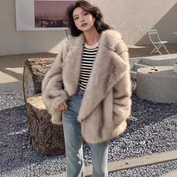 2024 зимняя шуба женская средняя и длинная свободный воротник имитация лисьего меха искусственный мех шуба S