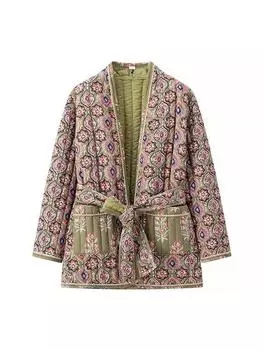 2024 Зимняя стеганая куртка с принтом для женщин, укороченные пальто с поясом, модная женская теплая свободная повседневная верхняя одежда на пуху S