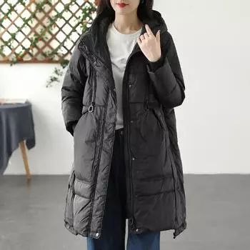 2024 Зимняя теплая куртка с капюшоном большого размера с белым утиным пухом, повседневная, средняя и длинная, женская модная куртка Tide M чёрный