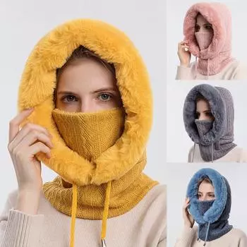 2024 зимняя теплая женская меховая шапка Россия уличная вязаная кашемировая меховая шапка маска комплект с капюшоном лыжная ветрозащитная шапка чёрный