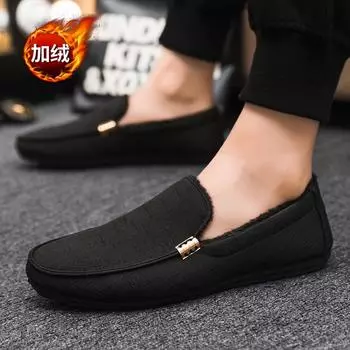 2024 зимняя тканевая обувь Doudou Shoes мужская повседневная обувь флисовая теплая ленивая парусиновая обувь с одной педалью мужская большого размера 39