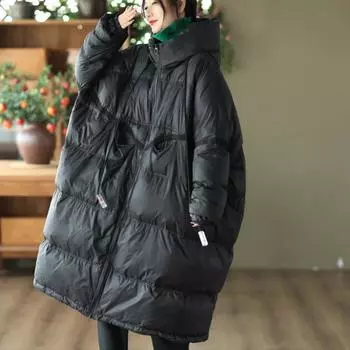 2024 Зимняя толстая ретро-модная удлиненная белая утиная пуховая теплая куртка большого размера свободная куртка с капюшоном для женщин One Size чёрный