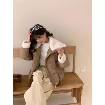 2024 зимняя утепленная куртка с большим лацканом женская короткая дизайнерская утепленная плюшевая куртка женская One size (90~ 70 kg)