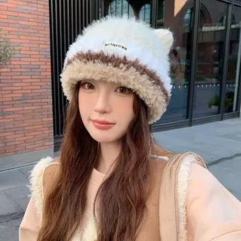 2024 Зимняя утолщенная милая сладкая медвежья ушка универсальная студенческая теплая плюшевая шапка с защитой для ушей вязаная шапка M56-58cm белый