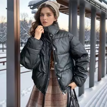 2024 зимняя женская хлопковая куртка чистого цвета с воротником-стойкой, теплые парки, пальто, женская повседневная свободная куртка, женская одежда M бежевый