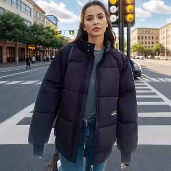 2024 зимняя женская куртка Bread женская розовая с высоким воротником теплая утолщенная хлопковая куртка теплая женская стеганая куртка женская одежда M чёрный