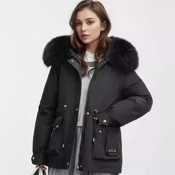 2024 зимняя женская куртка с меховым воротником, утепленная повседневная хлопковая куртка, женская, с 2 карманами, затягивающаяся на шнурок, парка M бежевый