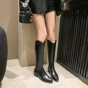 2024 зимняя женская обувь больших размеров, женские сапоги до колена с молнией сзади, женские сапоги на квадратном каблуке, повседневная женская обувь на среднем каблуке 36 чёрный