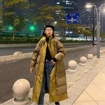 2024 зимняя женская одежда свободная большого размера шерстяная сращивание утолщенный белый утиный пуховик воротник стойка выше колена куртка европейские товары S чёрный