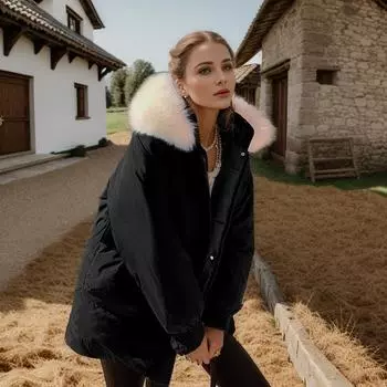 2024 зимняя женская парка верхняя женская искусственный мех воротник утолщенная теплая хлопковая куртка женская хлопковая короткая парка куртка M чёрный