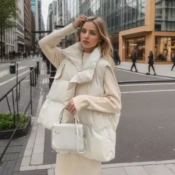 2024 Зимняя женская жилетка, хлопковая куртка, женская, с высоким воротником, толстая теплая, безрукавка, женские однотонные пальто, женская одежда S чёрный