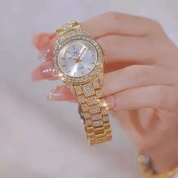2024 Золотые часы с бриллиантами для женщин, известный роскошный бренд, водонепроницаемые элегантные женские наручные часы с ремешком из нержавеющей стали