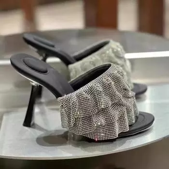 2024 Звездный стиль Роскошные Стразы Женские Босоножки Элегантные Шпильки Высокие Каблуки Босоножки-гладиаторы Босоножки для Летней Вечеринки Выпускного Вечера 34 чёрный