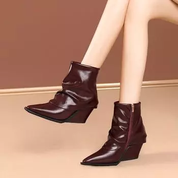 2024Brand Design Pointed Toe Square Heels Winter High Botas Concise Office Ladies Shoes Pleated Silp-on Winter Boots 34 чёрный