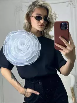 2024ins ветрозащитная свободная футболка женская стереоскопическая сетка камелия хлопковая блузка с короткими рукавами молодежная женская одежда L чёрный