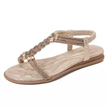2024Ladiesshoes Bohemian новые модные босоножки со стразами на плоской подошве женские туфли 35 чёрный