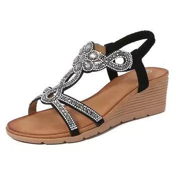 2024Ladiesshoes Bohemian новые модные босоножки со стразами на платформе и танкетке женские туфли 35 чёрный