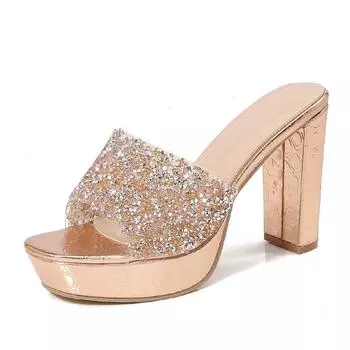 2024Ladiesshoes Bohemian новые модные тапочки со стразами на платформе и высоком каблуке женские туфли 35 чёрный