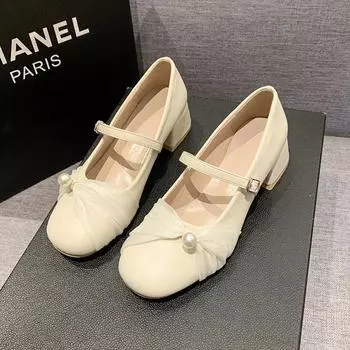 2024Mary Jane High Heels Women s Thick with Retro Soft Leather One Step Shoes Women 35