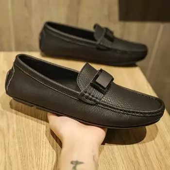 2024Men s Casual Leather Shoes High Quality Genuine Leather Loafers Comfortable Home Driver s Casual Shoe Men s Leather Shoes 38 чёрный