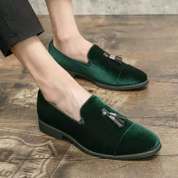 2024Men s Loafers Black Green Genuine Leather with Handmade Slip on Formal Dress Shoes Luxury Tassels Wedding Party Brogue Shoes 38 чёрный
