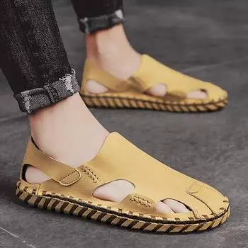 2024Мужская летняя пляжная обувь, сандалии, ретро-тренд, мужская обувь, кожаные тапочки, новинка в моде, тапочки, мужская пляжная обувь ручной работы 39 бежевый