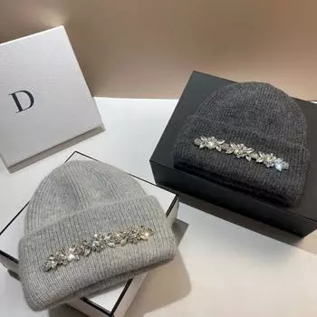 2024Модная женская зимняя шапка из натурального меха кролика, вязаная шапка-бини, повседневные шапки с ромбами и цветами для леди, теплые шерстяные шапки-бини Skullies M